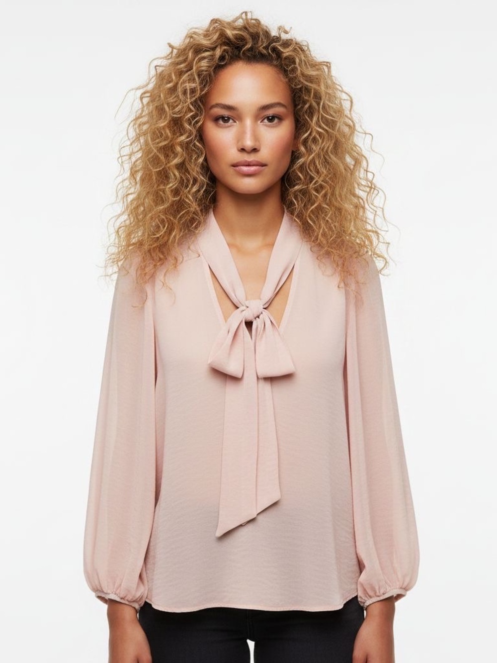 H&M Light Pink Tie-Neck Long Sleeve Blouse